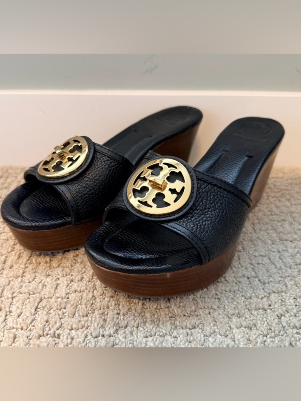 Black Leather Platform Slide Wedges with Gold TB Medallion